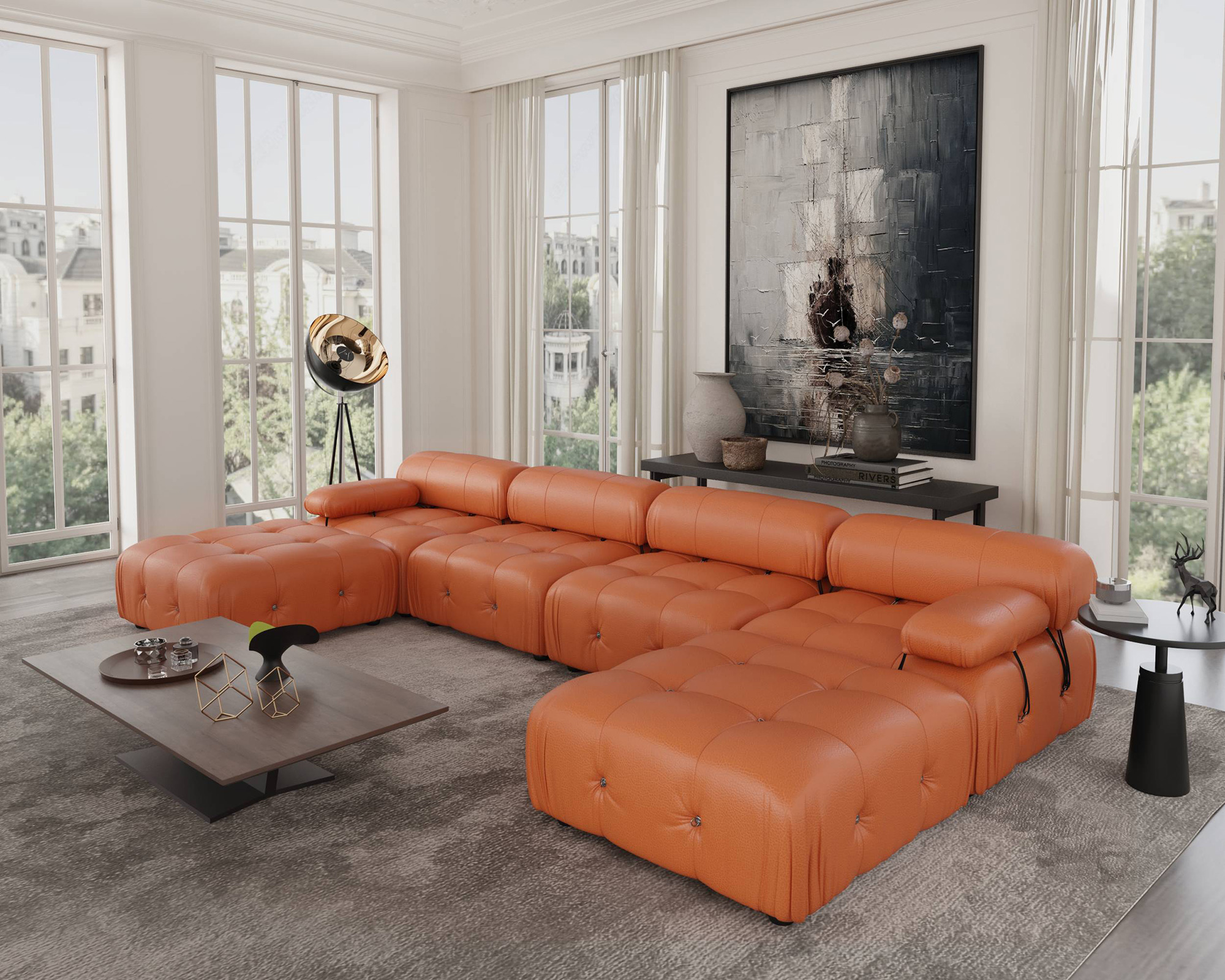 Crenus Lusso 138.60" U-Shaped Leather Sectional Sofa Lounge With 2 Ottomans - Orange