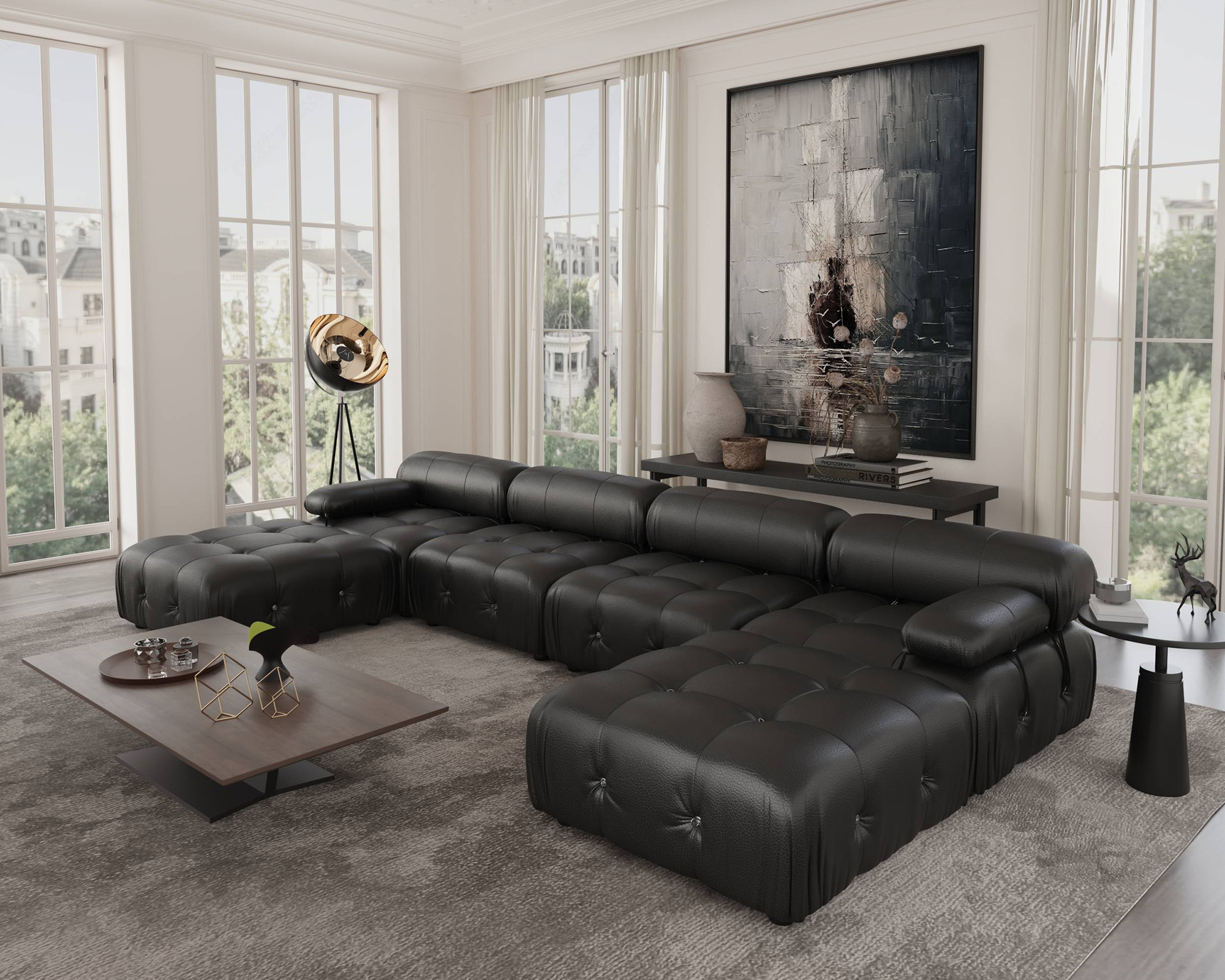 Crenus Lusso 138.60" U-Shaped Leather Sectional Sofa Lounge With 2 Ottomans - Black