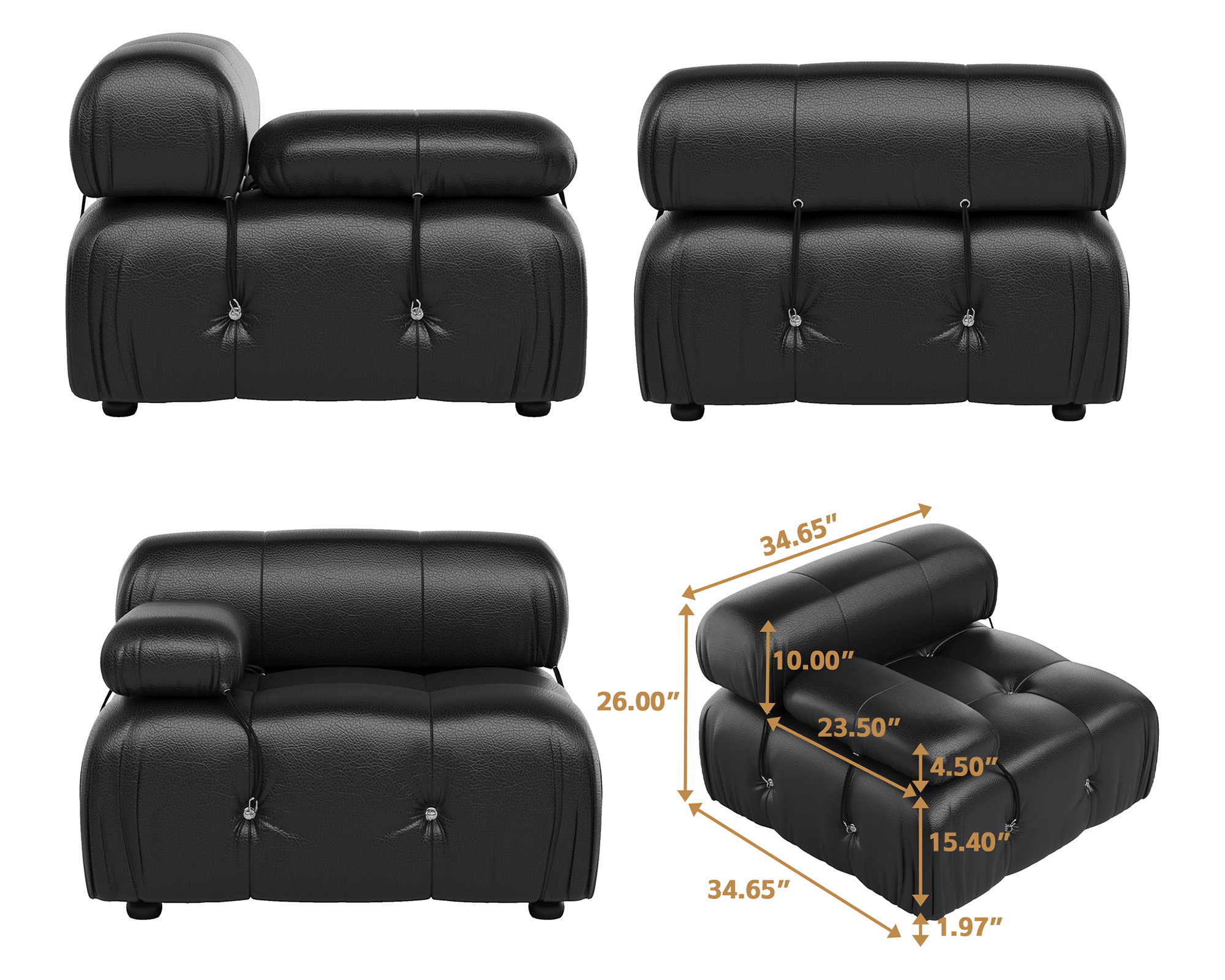 Crenus Lusso 138.60" U-Shaped Leather Sectional Sofa Lounge With 2 Ottomans - Black