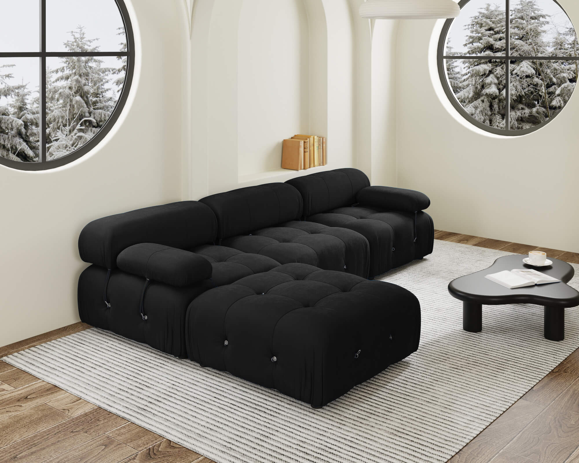 Crenus Lusso 103.95" L-Shaped Velvet Sectional Sofa With Ottoman - Black