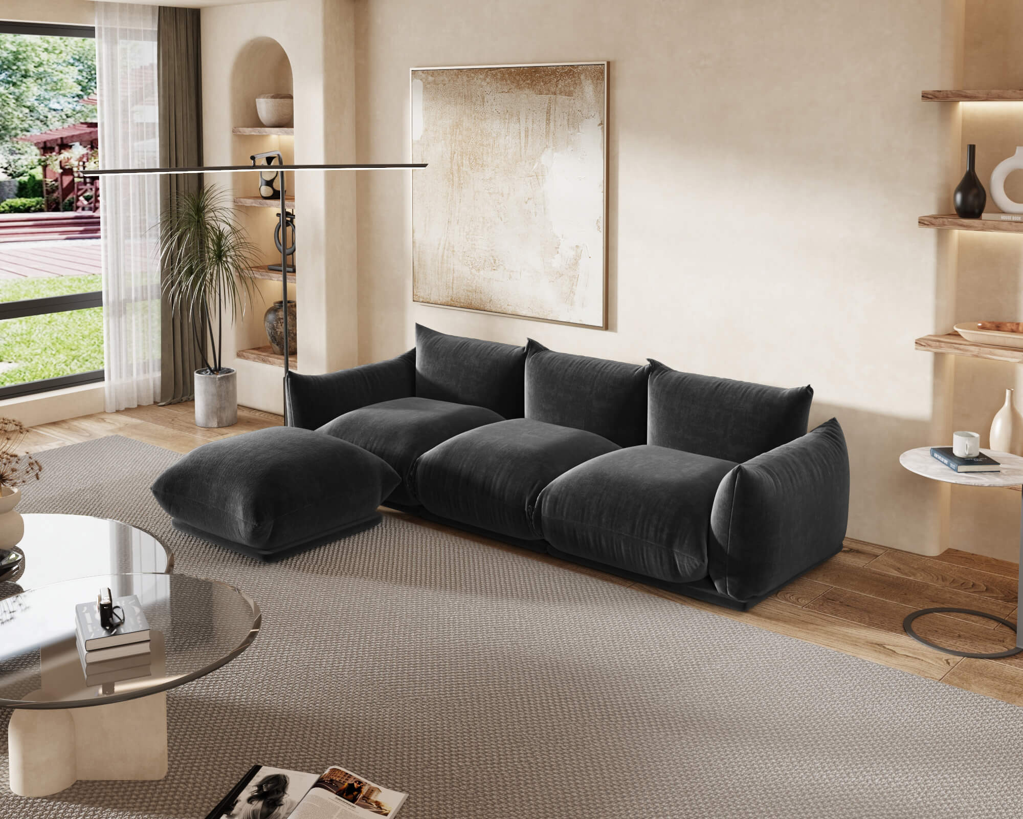 Crenus Sereno 103.93" 3-Seater Sofa Chenille Floor Sectional Couch - Black