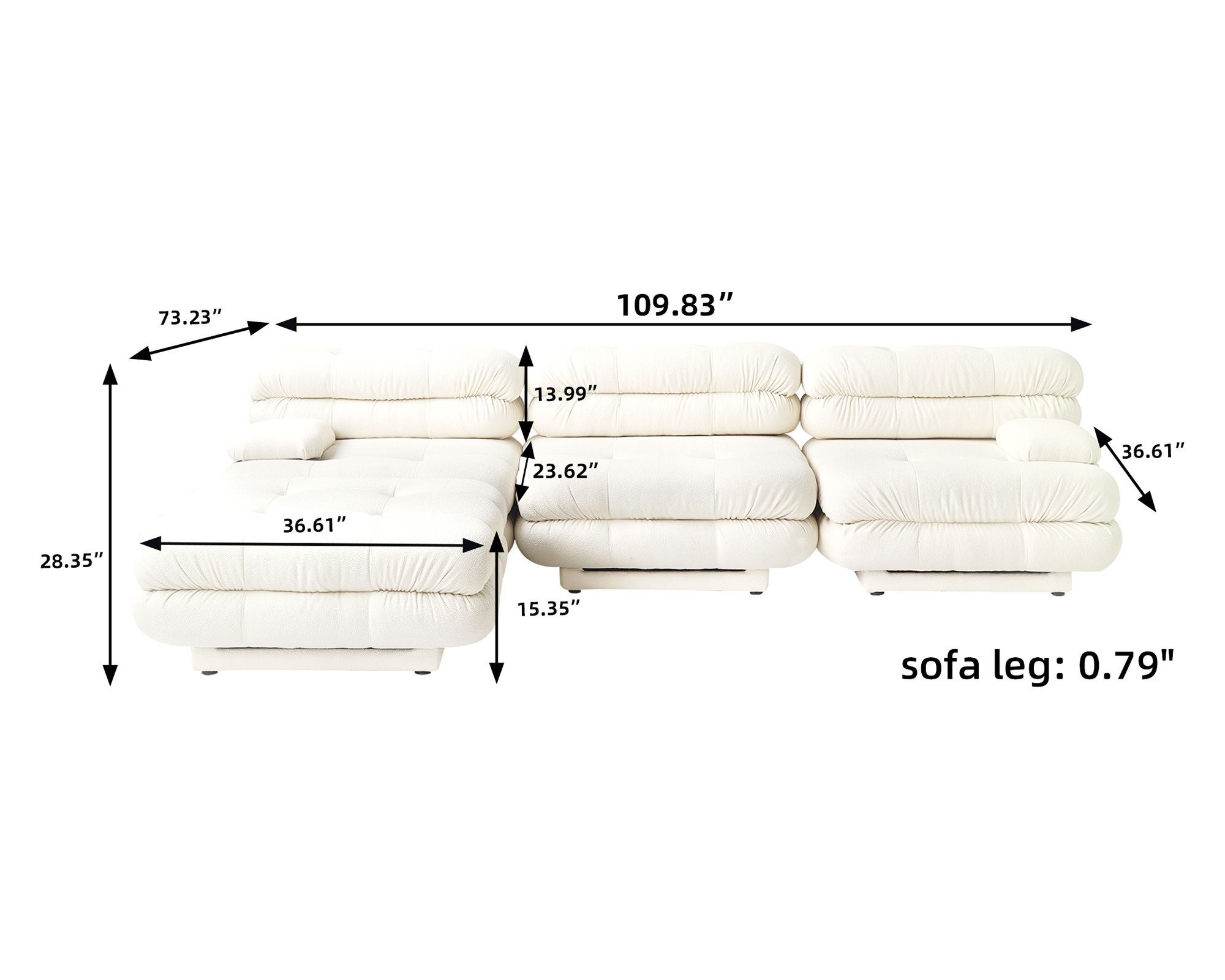 Crenus - Biscotto 109.83" Sectional Sofa 3-Seater With 1 Ottoman Chaise & Lounge