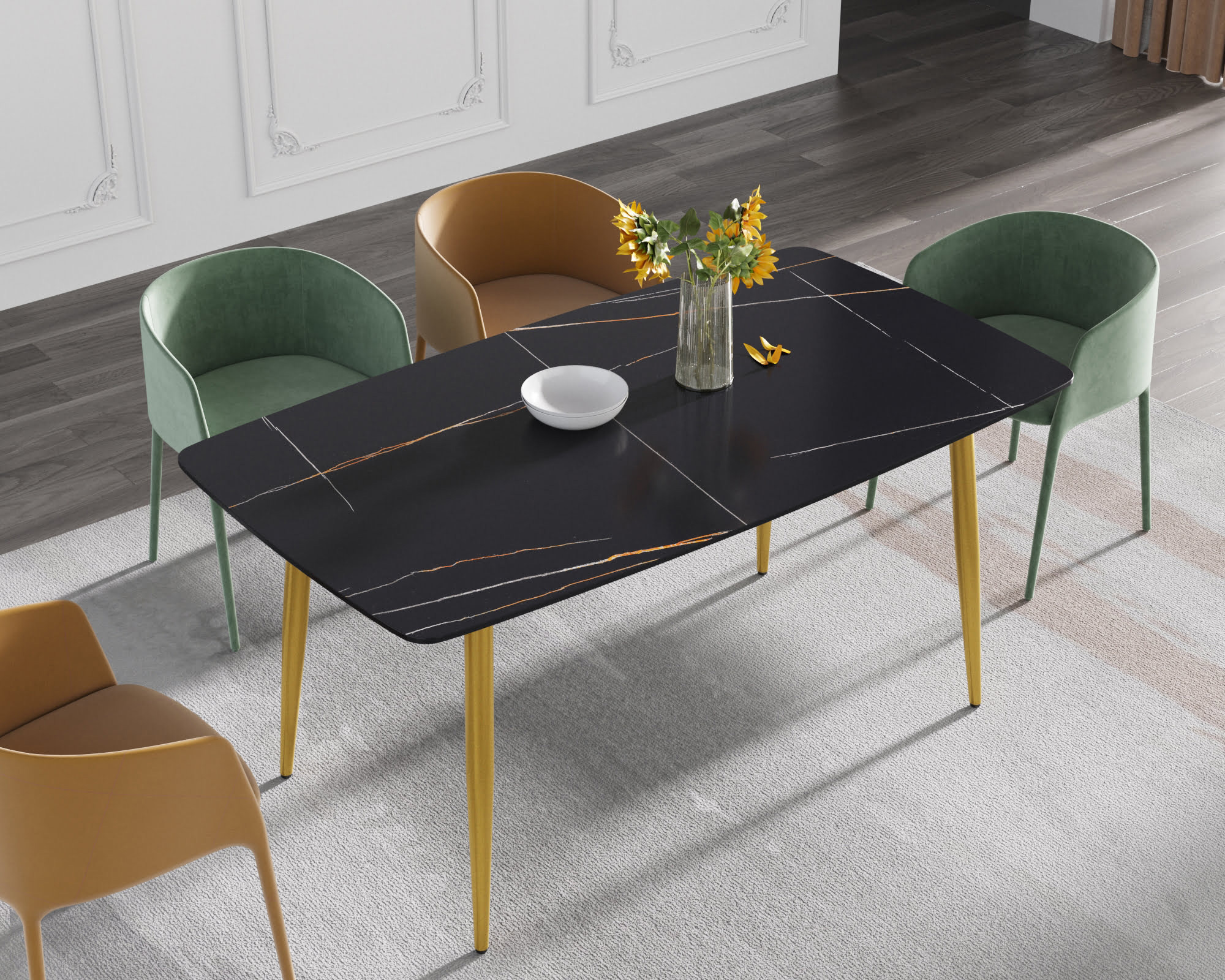 Crenus Cavaliere Curved Rectangular Dining Table - Black/Gold, 70.87''