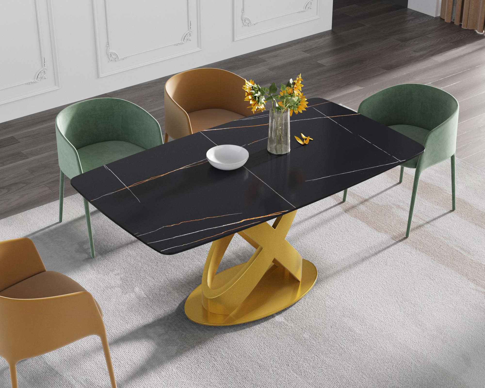 Crenus Luserna Curved Rectangular Dining Table - Black, 63"