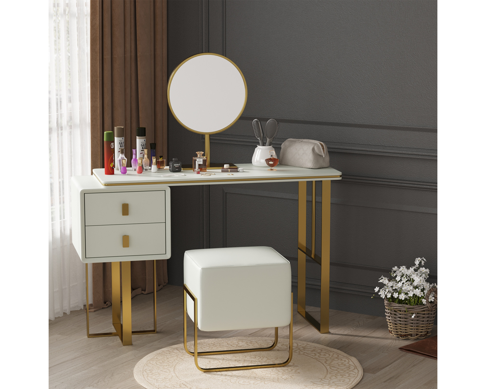 Crenus - Modern Orange Dresser Makeup Table with Mirror and Stool Bedroom Furniture with 2 Drawers