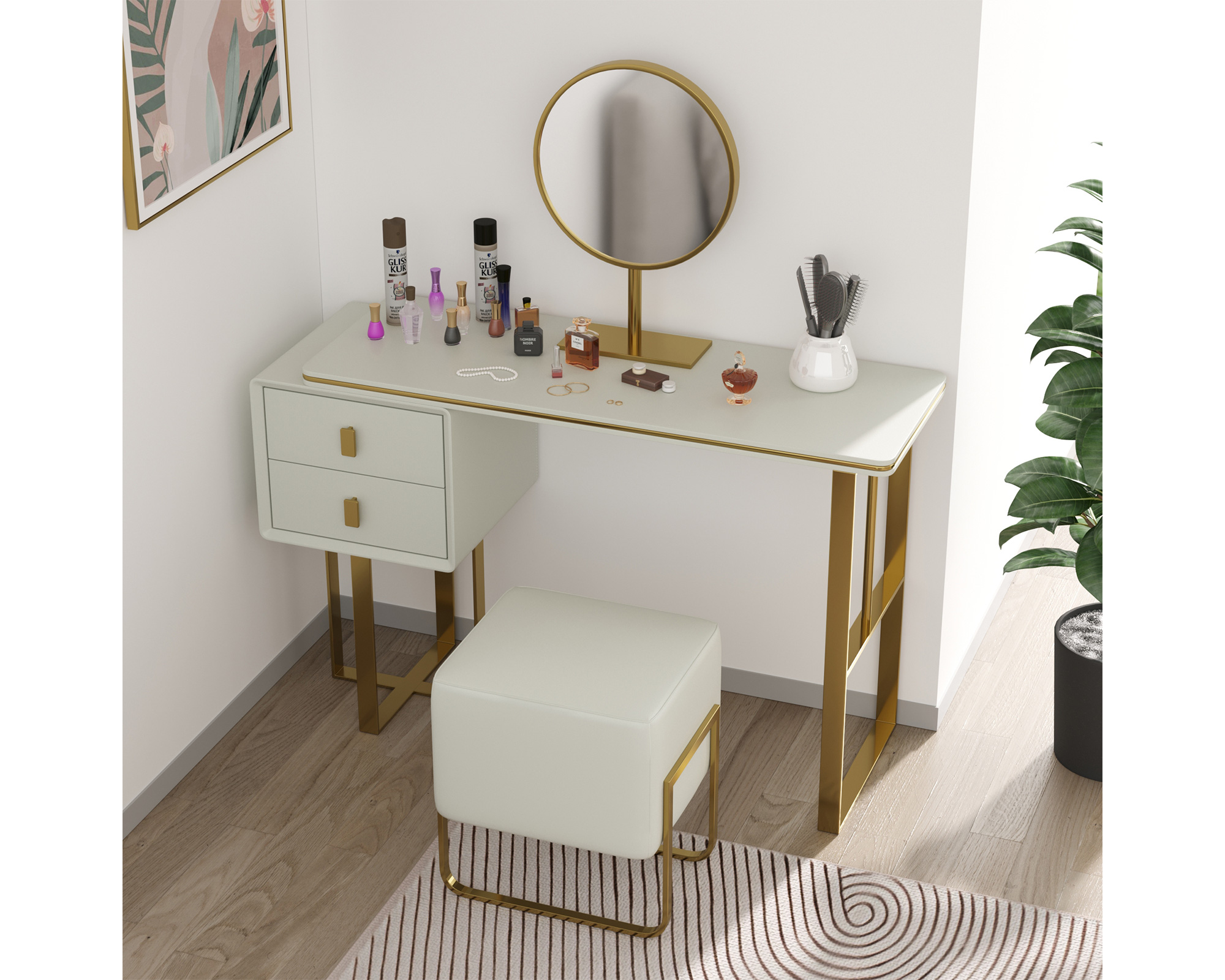 Crenus - Modern Orange Dresser Makeup Table with Mirror and Stool Bedroom Furniture with 2 Drawers