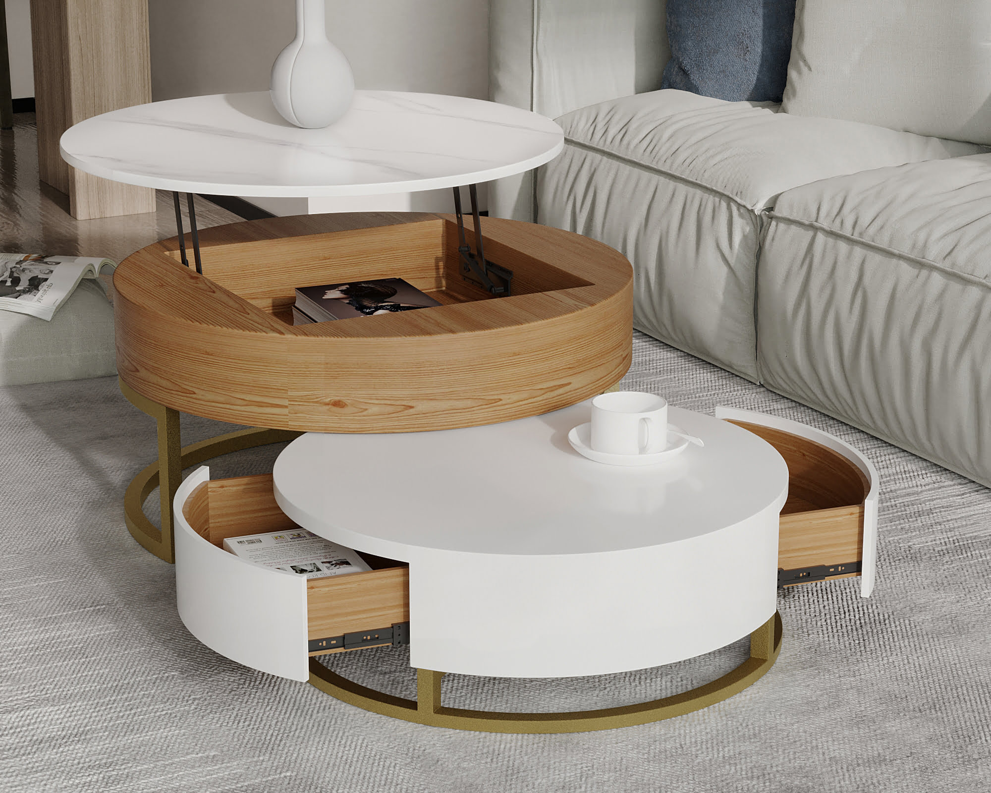 Crenus - Dolce Vita 31.5"-27.56" Round Lift-Top Wood Coffee Table