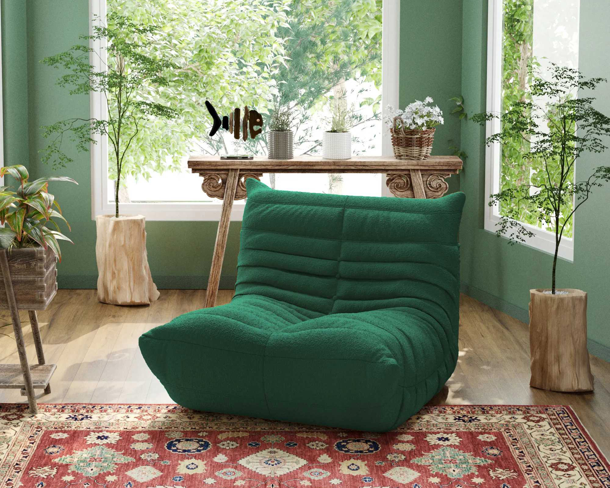 Crenus 34.25" Caterpillar Sofa Chair - Green, Teddy Velvet