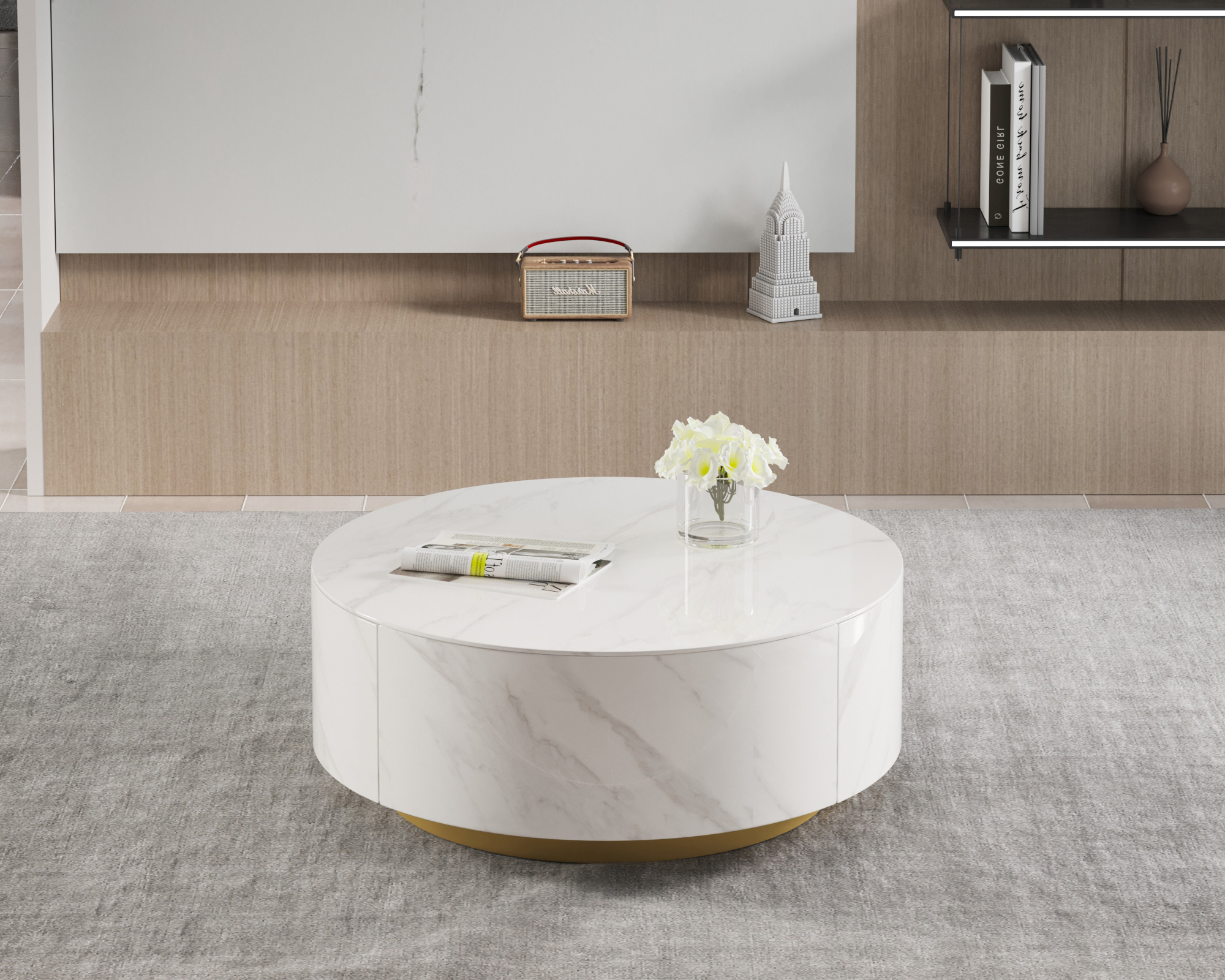 Crenus - Dolce 33.47" Marble/Wood Round Coffee Table