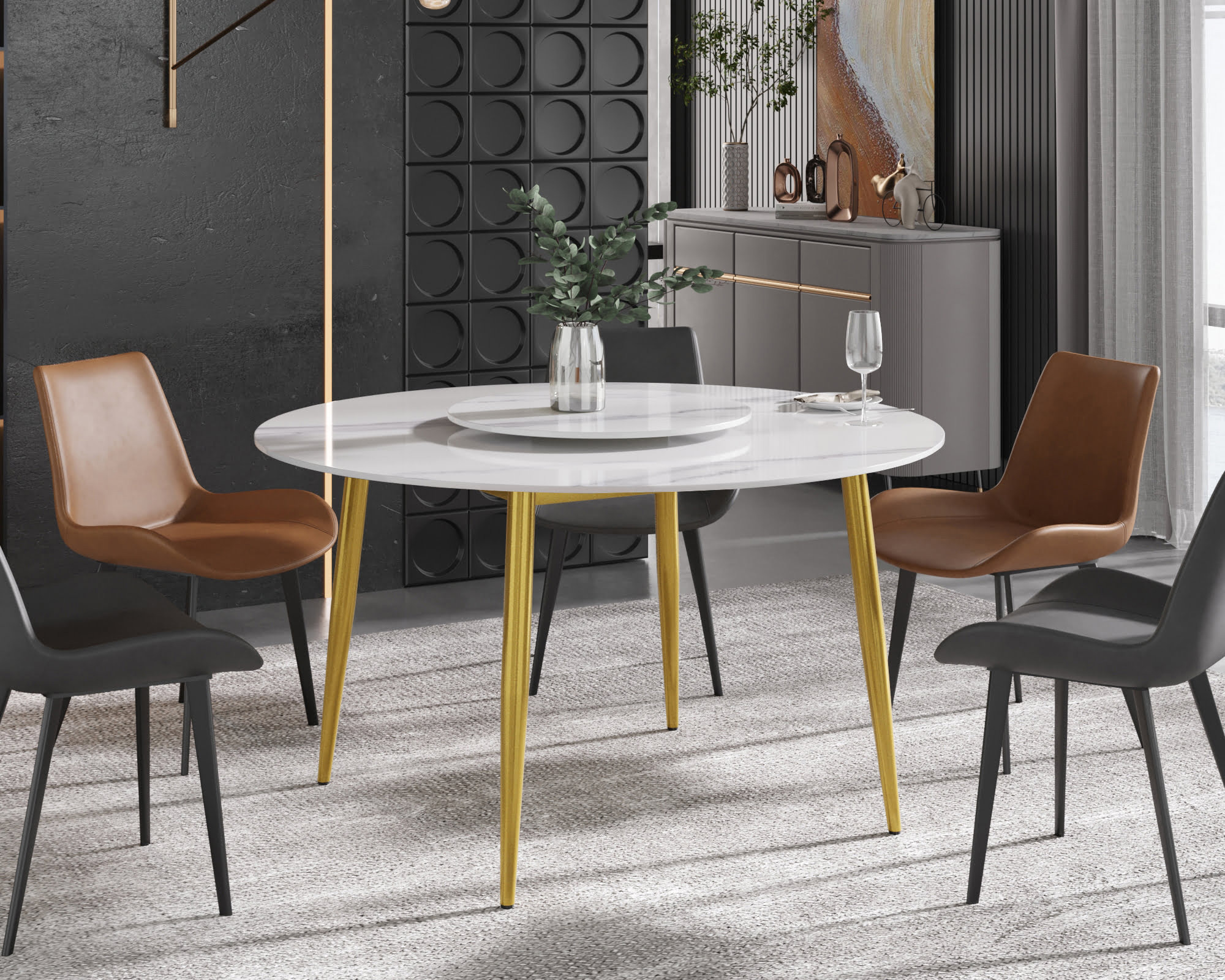 Crenus Round Dining Table with Black Lazy Susan - White/Black, 59.05”