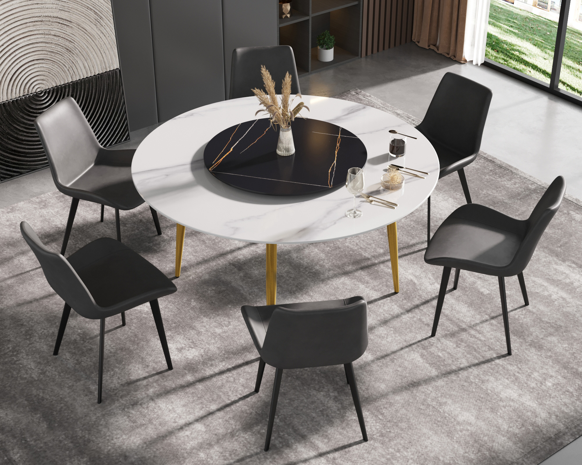 Crenus Round Dining Table with Black Lazy Susan - White/Black, 59.05”