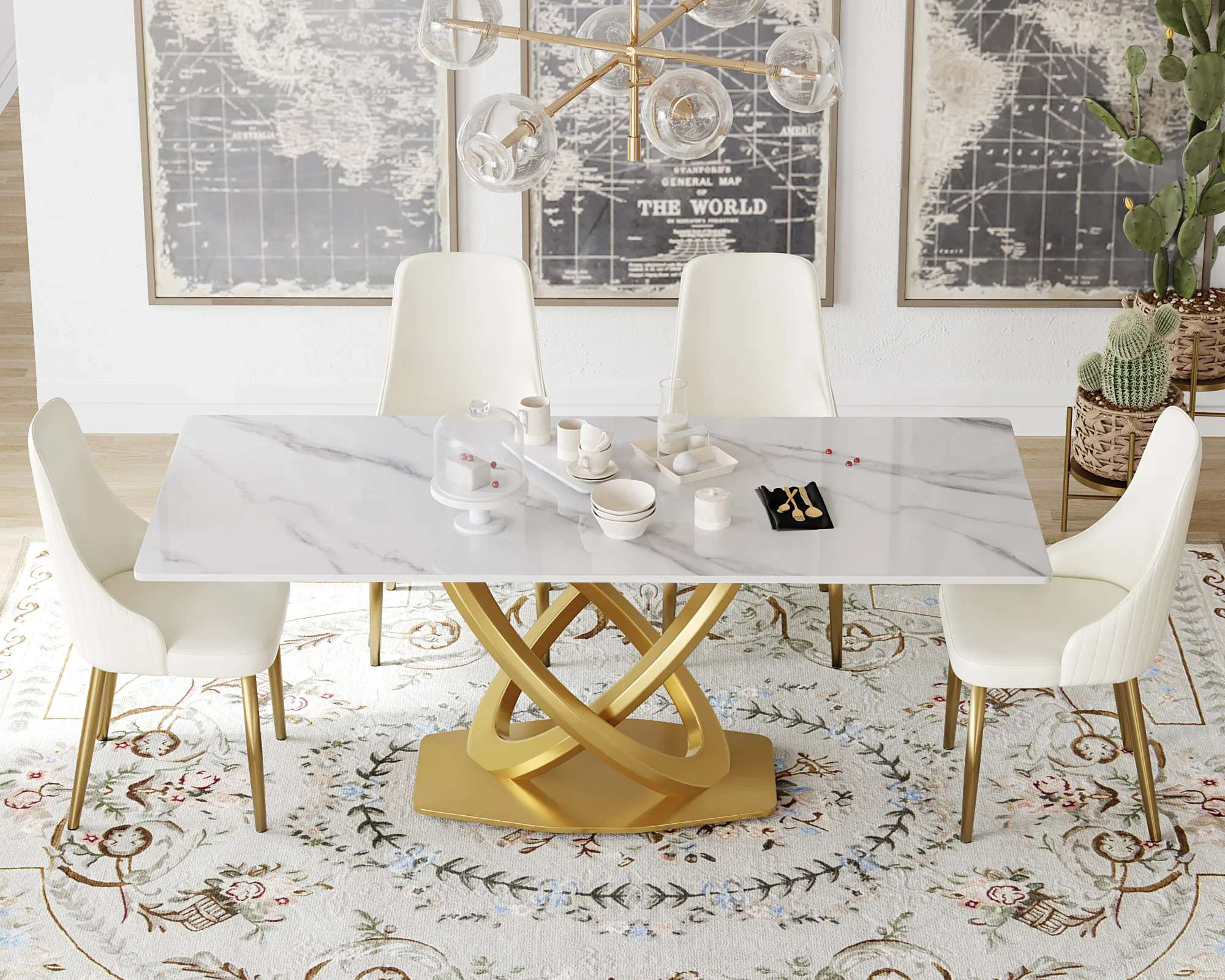 Crenus Marmo Dorato Rectangular Dining Table - White/Gold