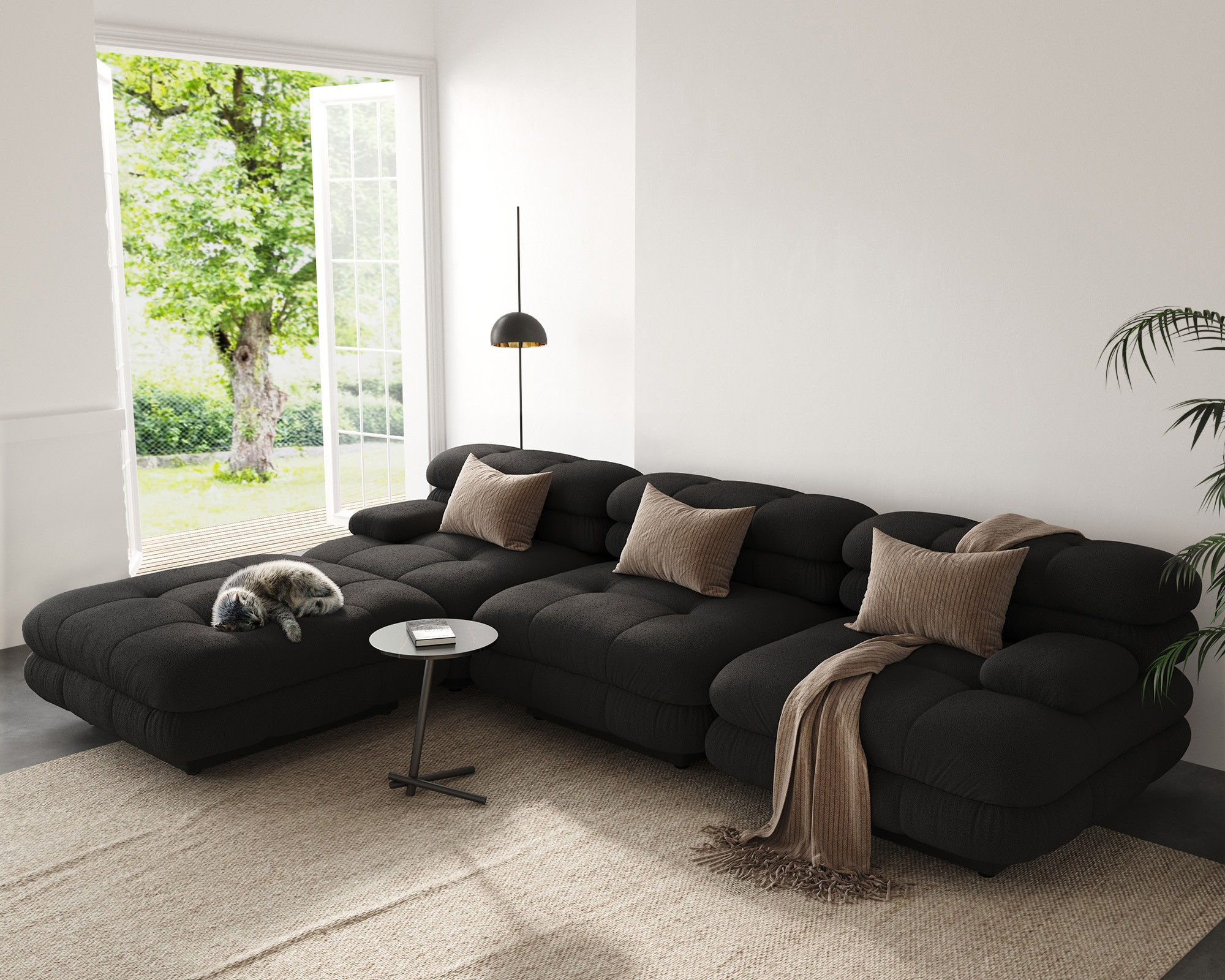 Crenus Biscotto 109.83" Sectional Sofa 3-Seater With 1 Ottoman Chaise & Lounge - Black