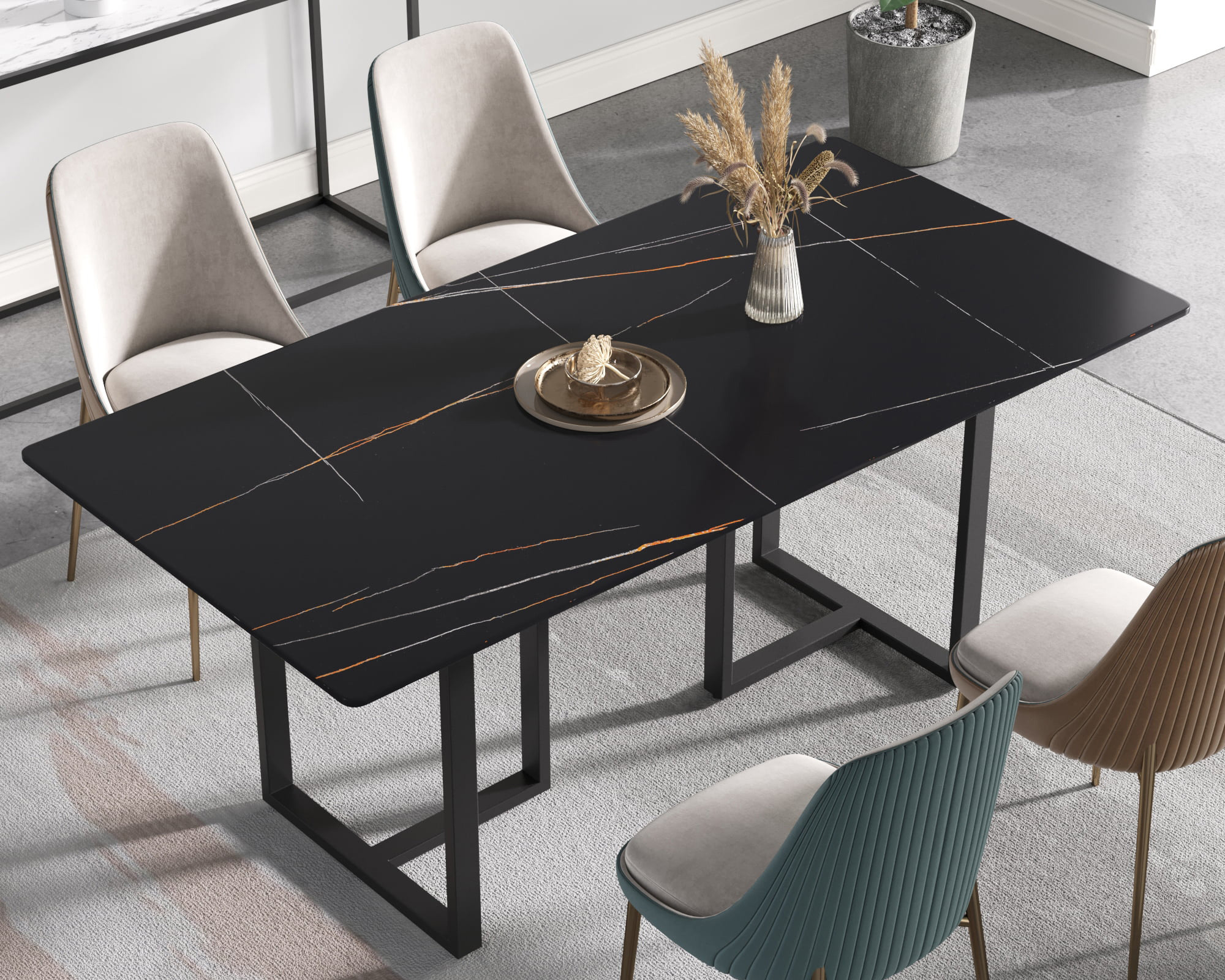 Crenus Trani Rectangular Dining Table - Black/Gold, 70.87''