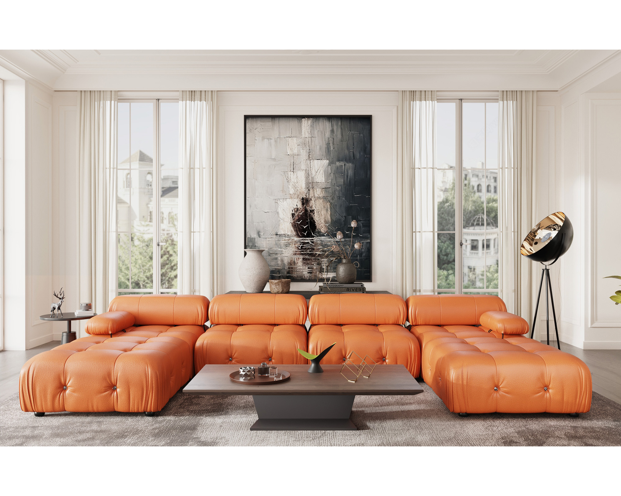 Crenus - Lusso 138.60" U-Shaped Leather Sectional Sofa Lounge With 2 Ottomans