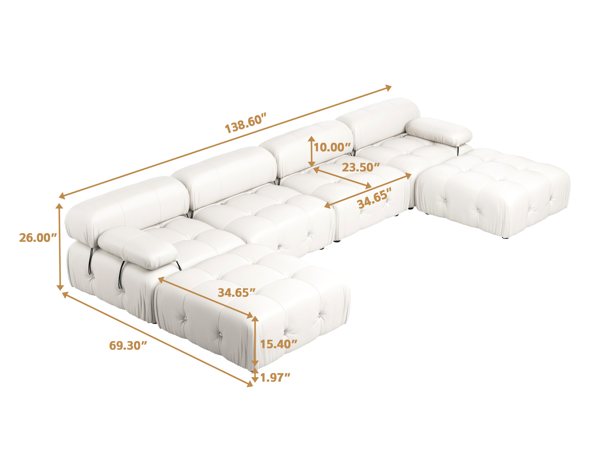 Crenus - Lusso 138.60" U-Shaped Leather Sectional Sofa Lounge With 2 Ottomans