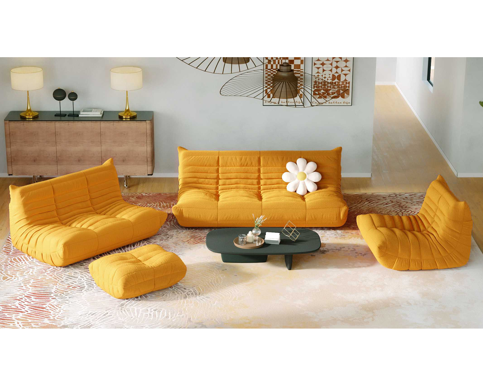 Crenus 34.25" Caterpillar Sofa Chair - Yellow, Teddy Velvet