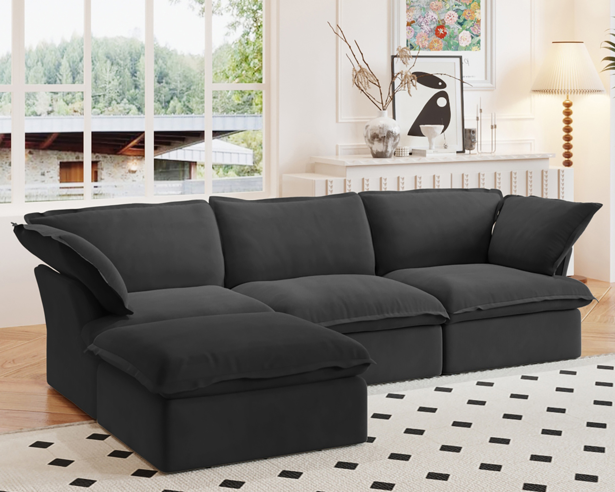 Crenus Softspot122.82" Linen Sectional Sofa-3 Seats with 1 Ottoman - Black