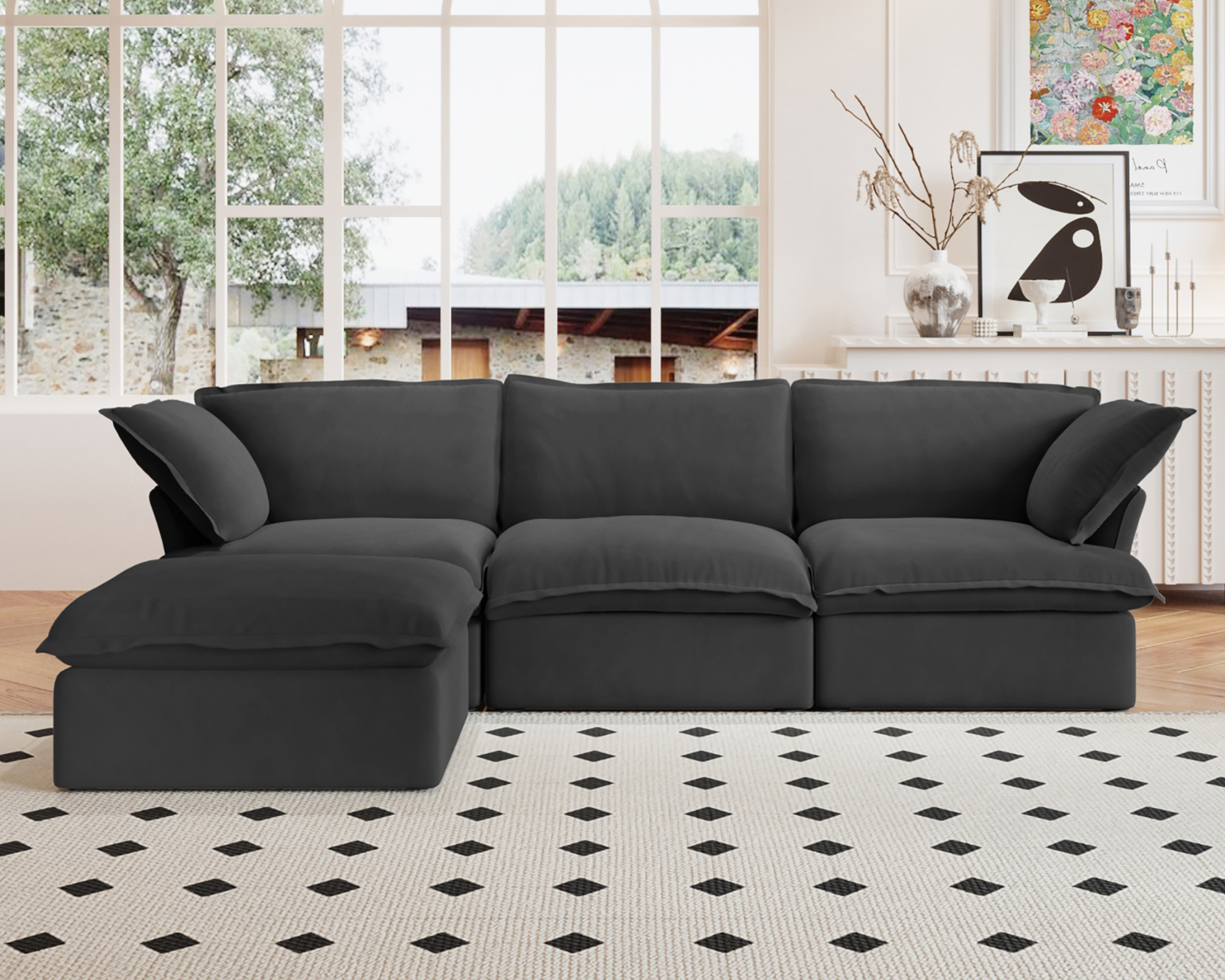 Crenus Softspot122.82" Linen Sectional Sofa-3 Seats with 1 Ottoman - Black