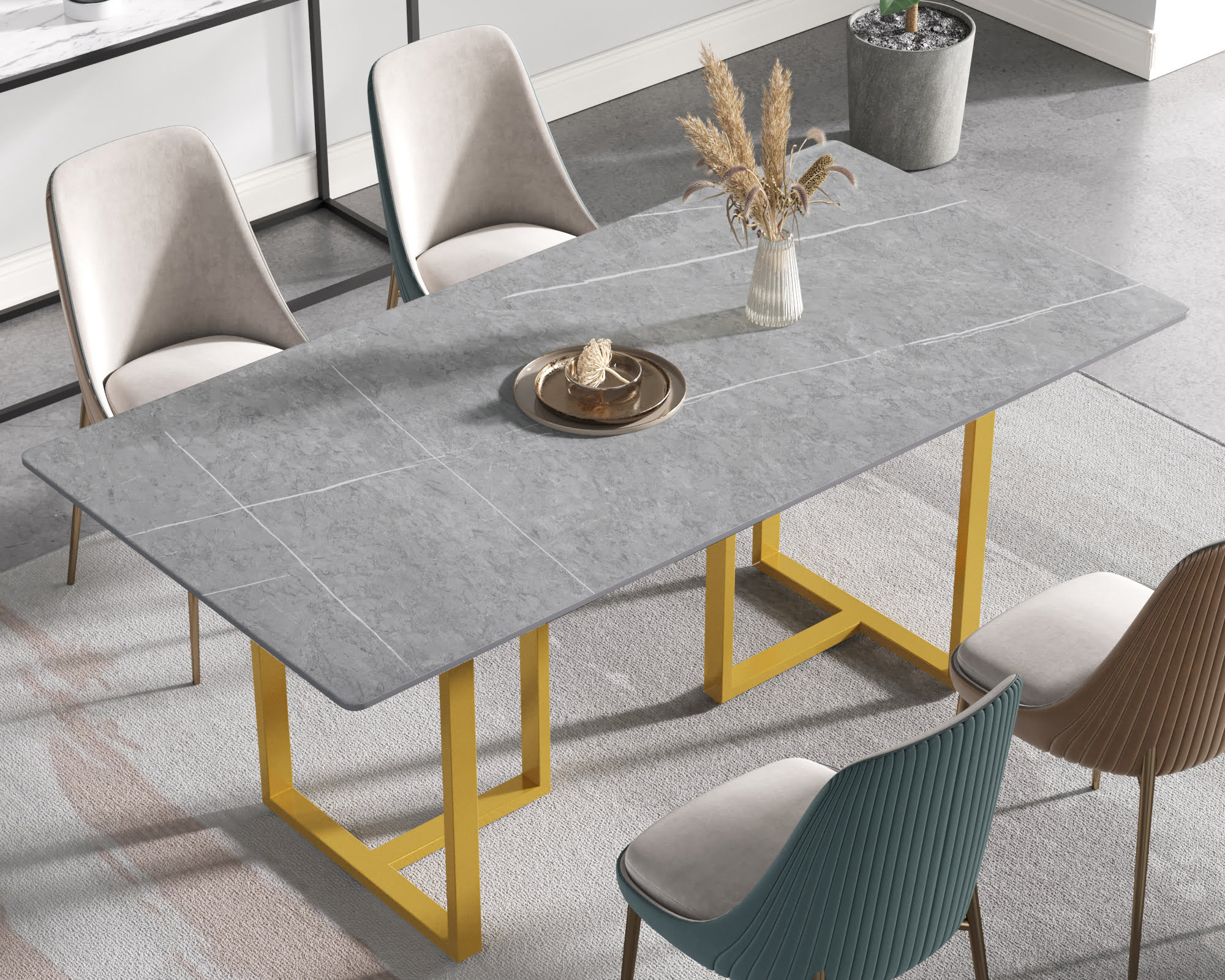 Crenus Trani Rectangular Dining Table - Gray/Gold, 63"