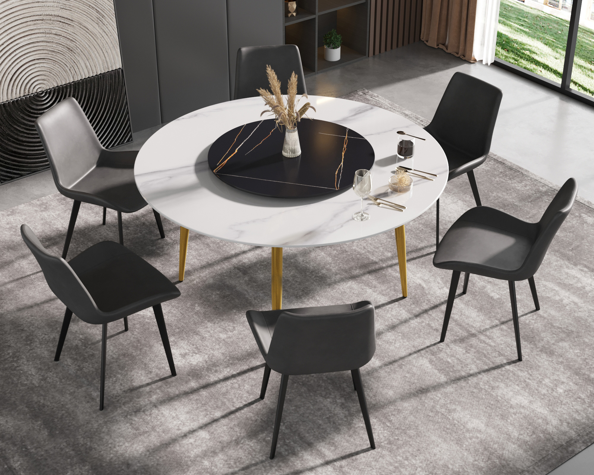 Crenus Round Dining Table with Black Lazy Susan - White/Gold, 59.05”