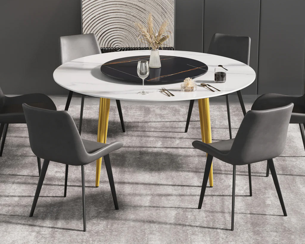 Crenus Round Dining Table with Black Lazy Susan - White/Gold, 53.15”