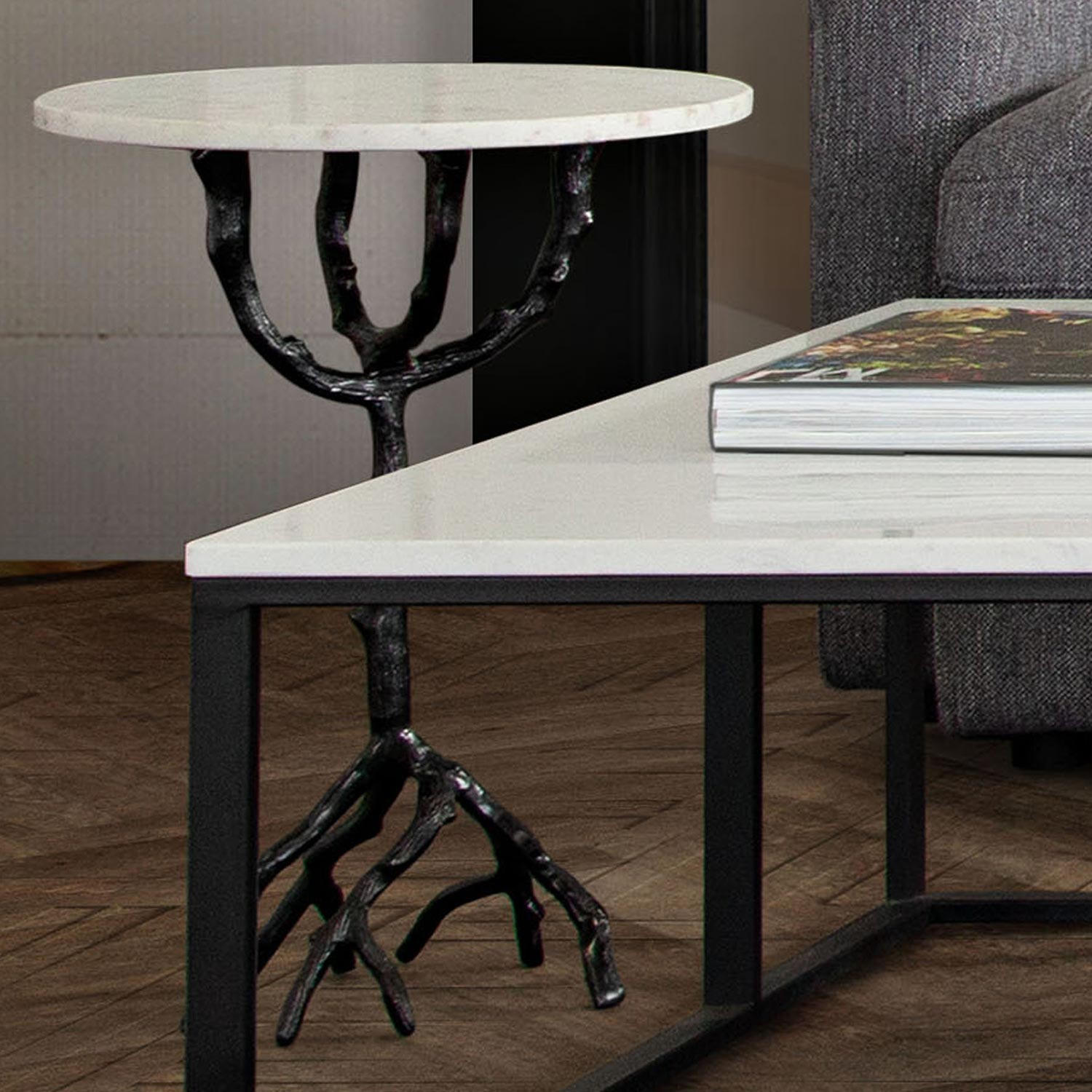 Diamond Sofa - Birch Round Accent Table with Black Casted Aluminum Base & White Marble Top