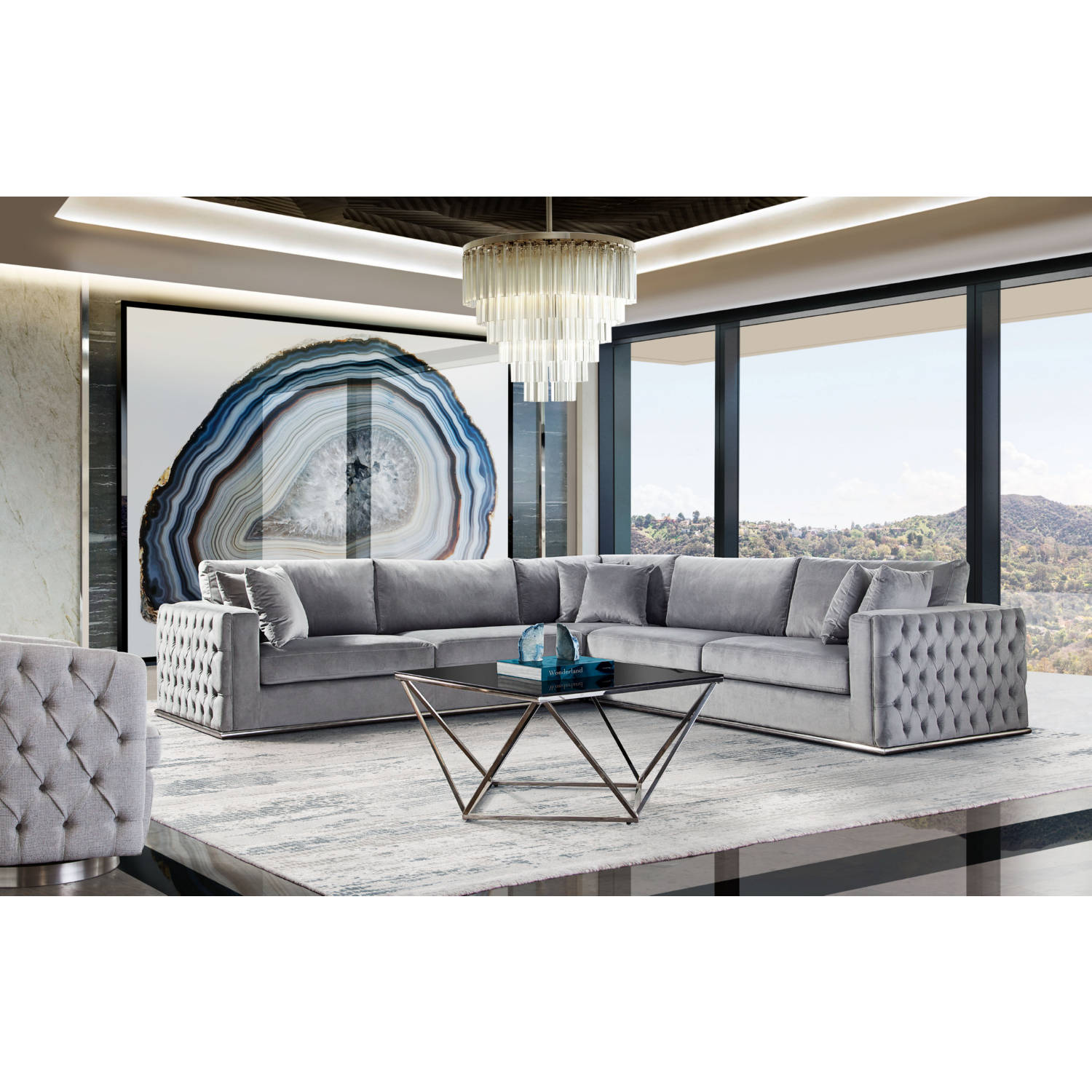 Diamond Sofa - Envy 3PC Velvet Sectional with Tufted Outside Detail and Silver Metal Trim in Platinum Gray