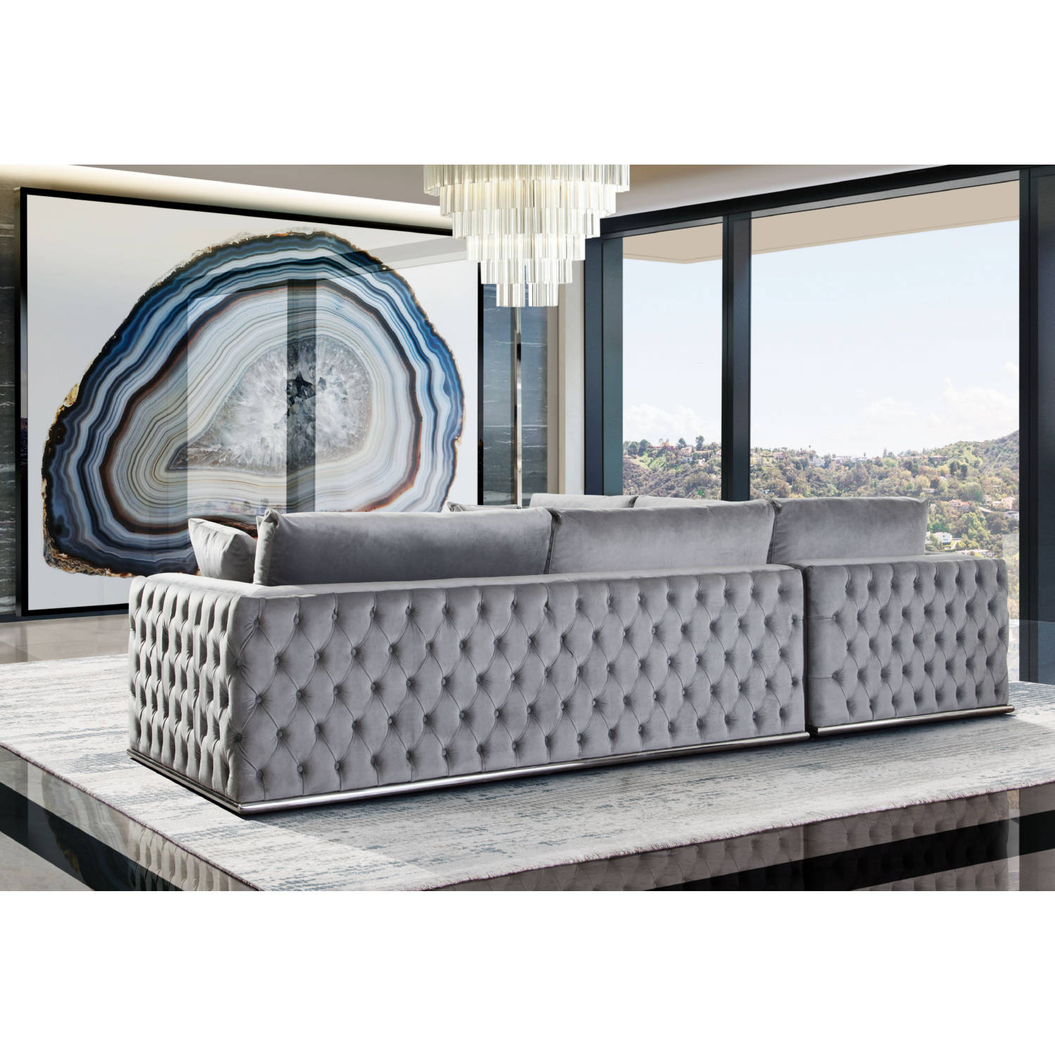 Diamond Sofa - Envy 3PC Velvet Sectional with Tufted Outside Detail and Silver Metal Trim in Platinum Gray