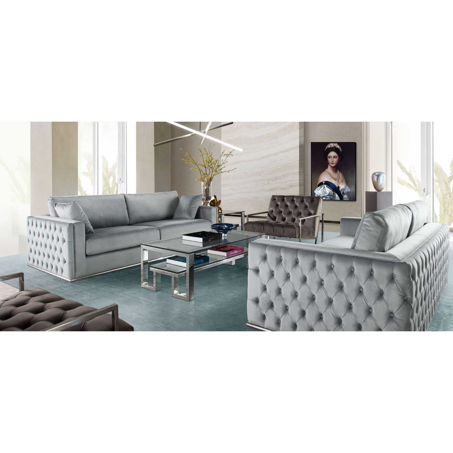 Diamond Sofa - Envy Velvet Loveseat with Tufted Outside Detail and Silver Metal Trim in Platinum Gray