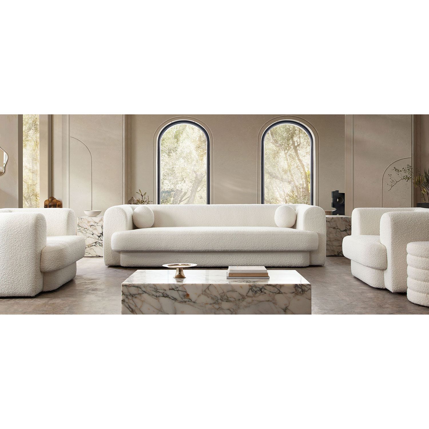 Diamond Sofa Form Boucle Fabric Sofa with Two Accent Pillow Balls - Ivory