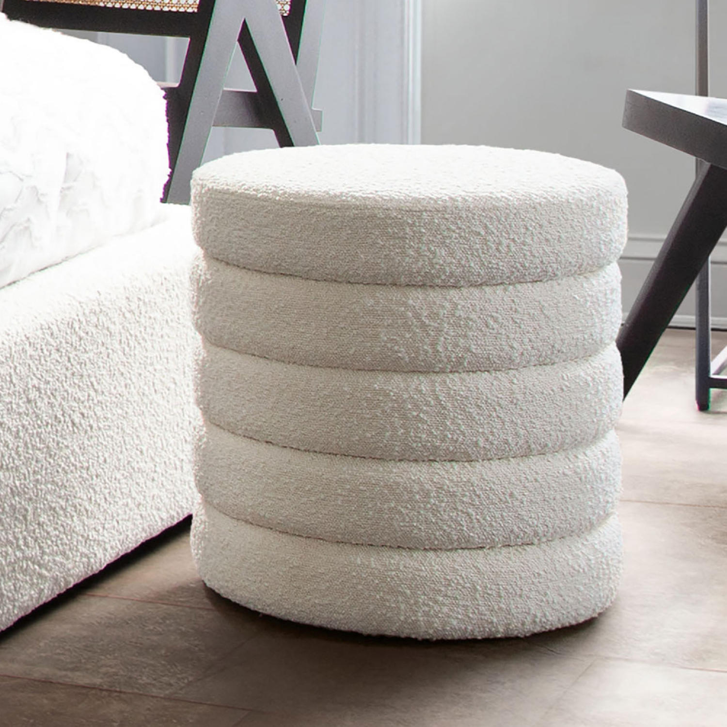 Diamond Sofa™ Helix Boucle Fabric Round Accent Ottoman - Ivory