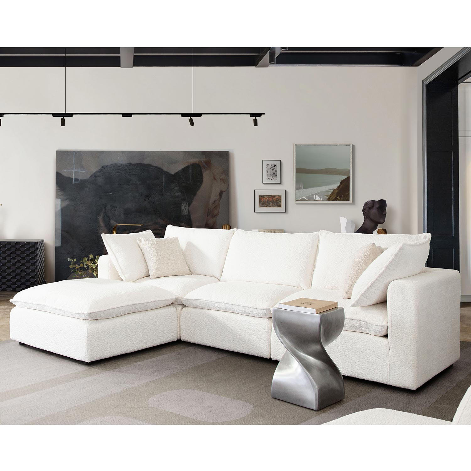 Diamond Sofa - Ivy 4-Piece Faux Shearling Reversible Modular Chaise Sectional with Feather Down Seating in White