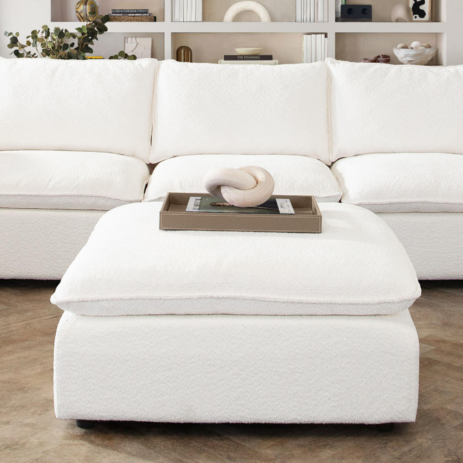 Diamond Sofa - Ivy Faux Shearling Square Ottoman with Feather Down Seating in White