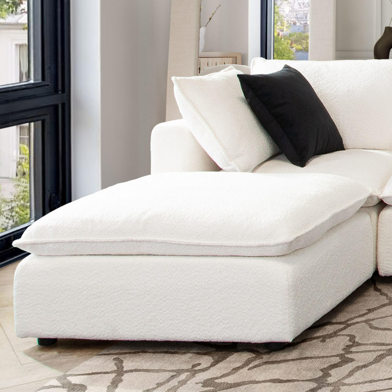 Diamond Sofa - Ivy Faux Shearling Square Ottoman with Feather Down Seating in White