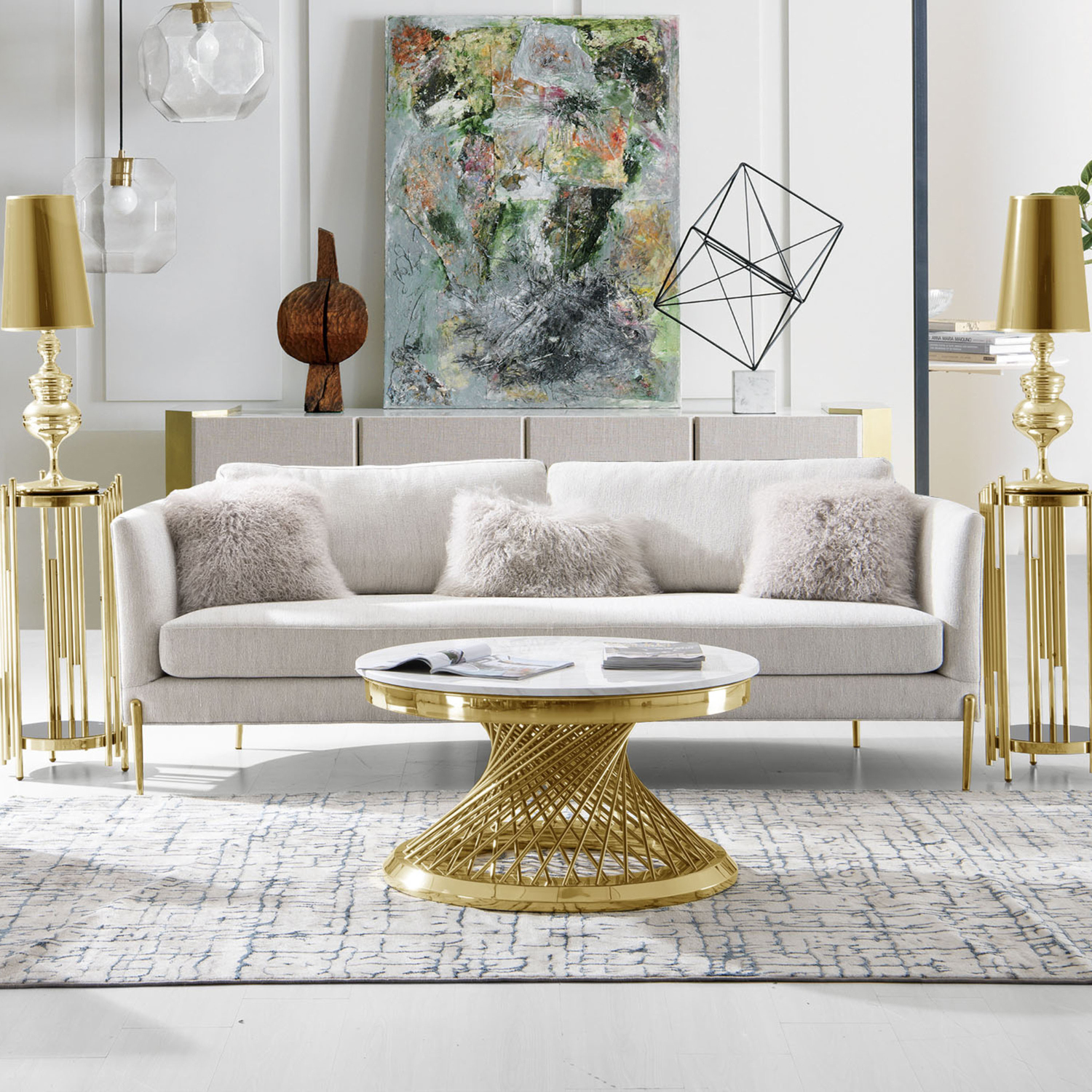 Diamond Sofa - Lane Fabric Sofa with Gold Metal Legs in Light Cream