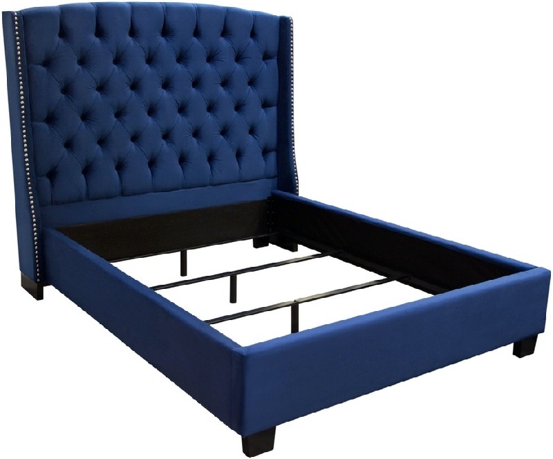 Diamond Sofa Majestic Eastern King Tufted Velvet Bed with Nail Head Wing Accents - Royal Navy Blue