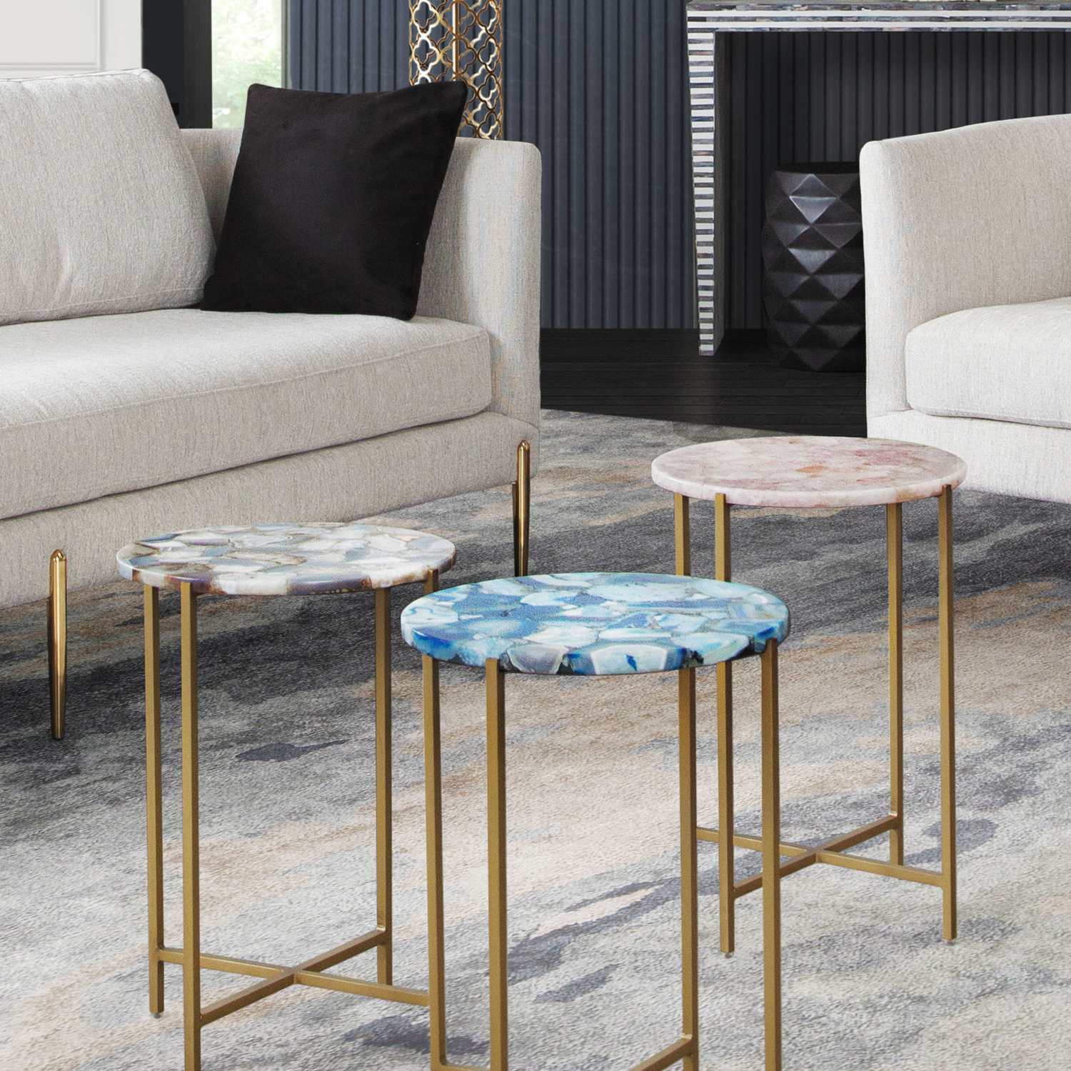 Diamond Sofa - Mika Round Accent Table with Rose Quartz Top with Brass Base