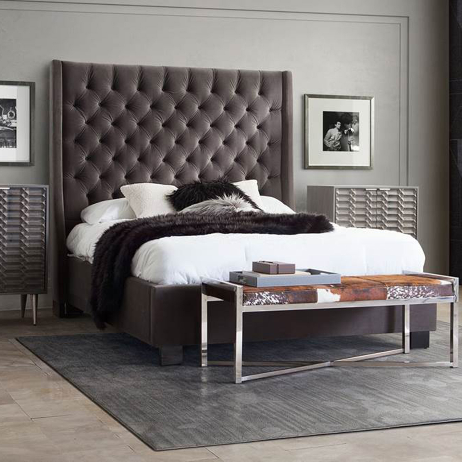 Diamond Sofa Park Avenue Velvet Queen Tufted Bed with Vintage Wing - Smoke Gray