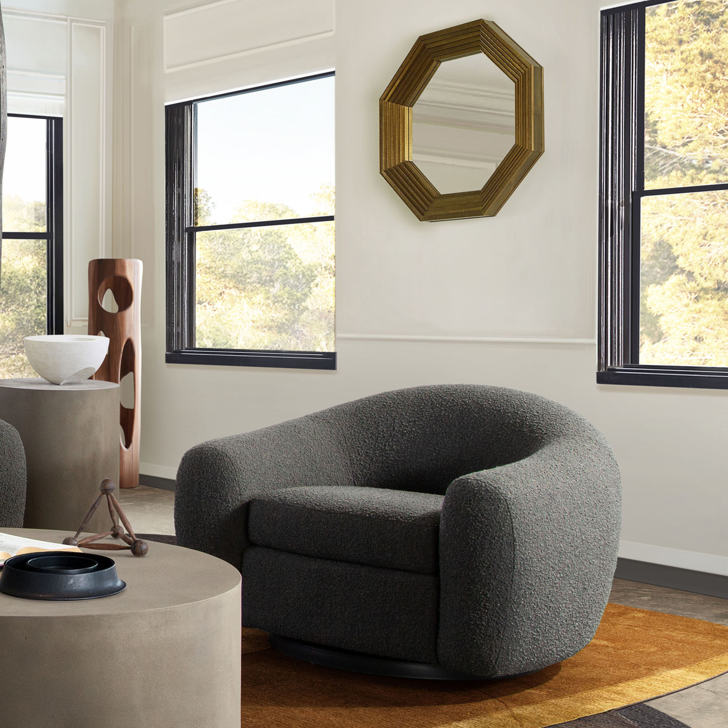 Diamond Sofa™ Pascal Boucle Textured Fabric Swivel Chair with Contoured Arms & Back - Charcoal