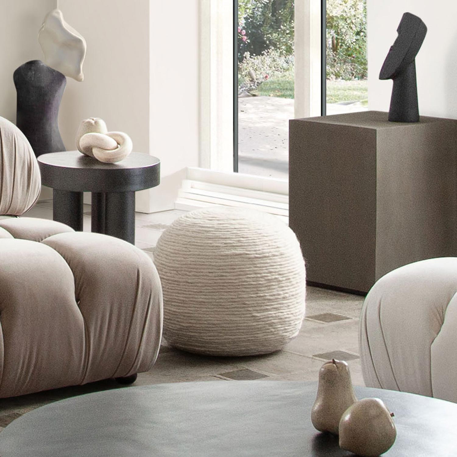 Diamond Sofa - Round Dyed Natural Wool Pouf in White