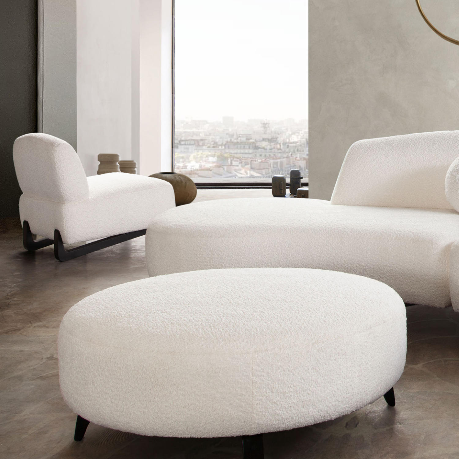 Diamond Sofa™ Vesper Faux Shearling Round Ottoman with Black Wood Leg Base - White