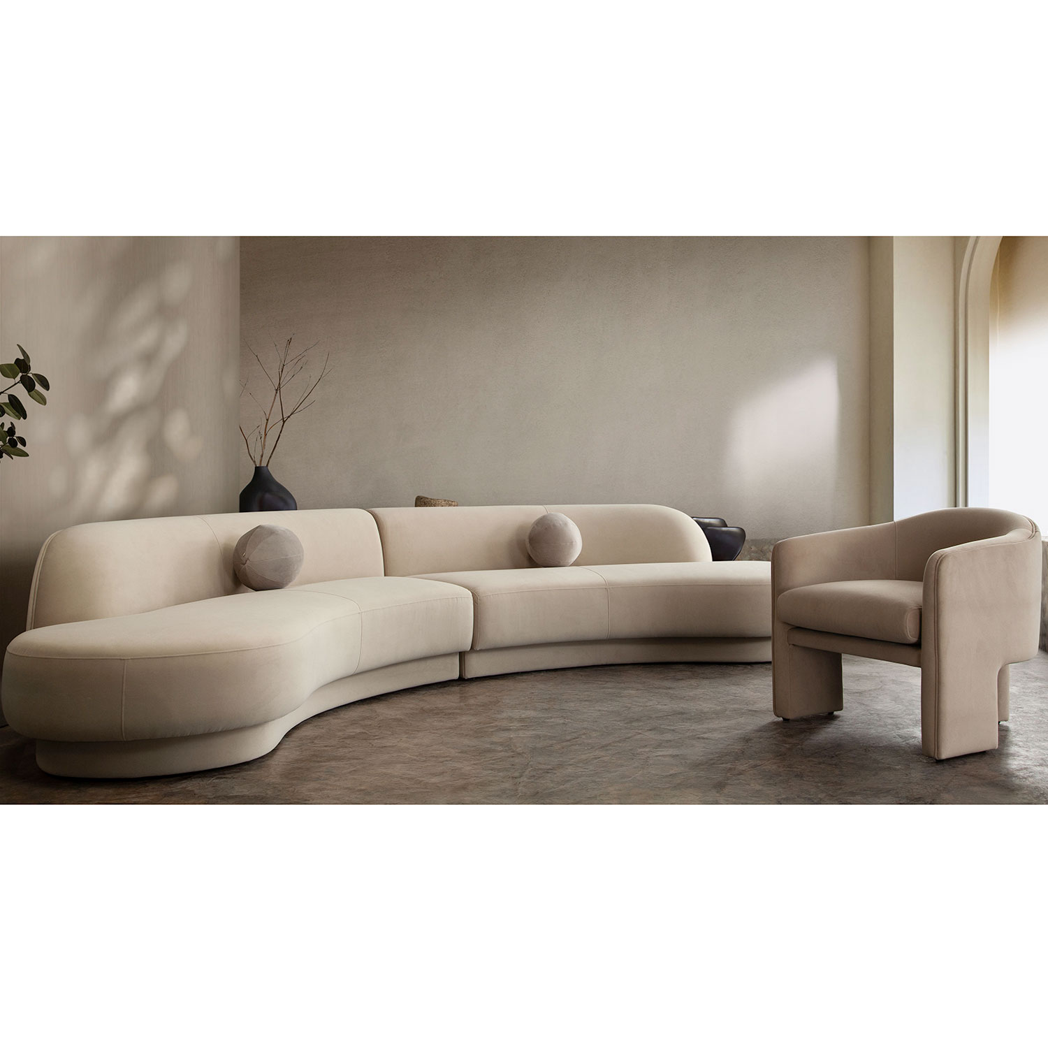 Diamond Sofa Zelda 2PC Performance Velvet Modular Curved Armless Chaise with Two Accent Pillow Balls - Light Camel