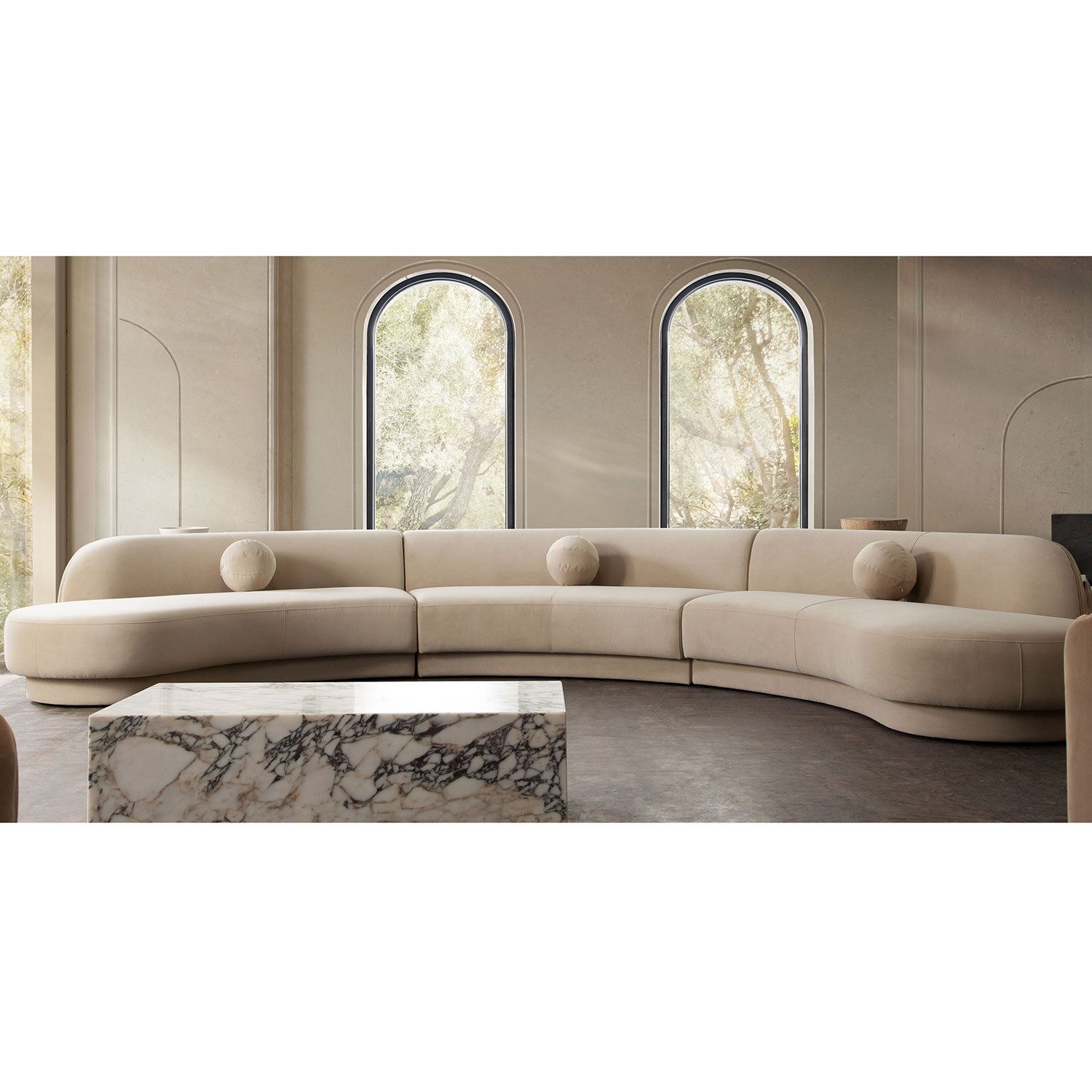 Diamond Sofa Zelda 3PC Performance Velvet Modular Curved Armless Sofa & Two Chaise with Three Accent Pillow Balls - Light Camel