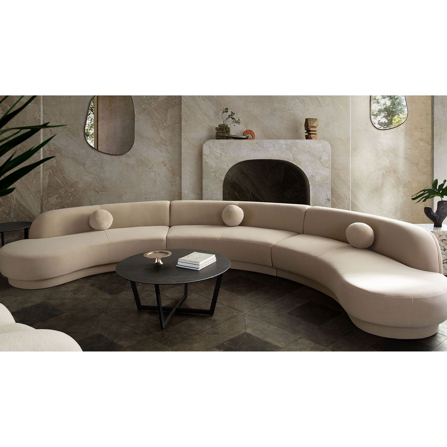 Diamond Sofa Zelda 3PC Performance Velvet Modular Curved Armless Sofa & Two Chaise with Three Accent Pillow Balls - Light Camel