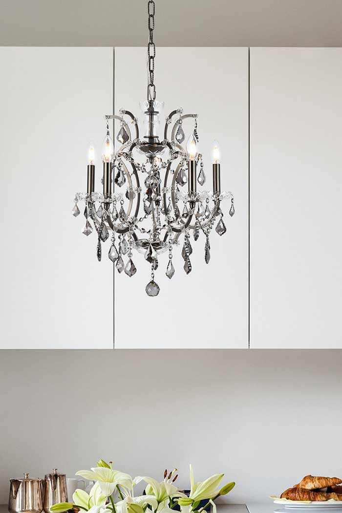 Elegant Rococo 5 Light Chandelier - Polished Nickel/Silver, L 18" (1138D18PN-SS-RC)