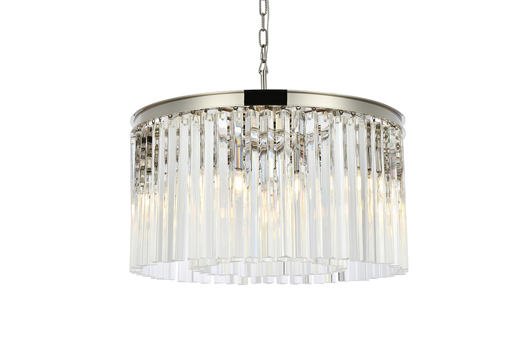 Elegant Crystal Prism 6 Light Round Chandelier - Polished Nickel, L 26" (1208D26PN-RC)