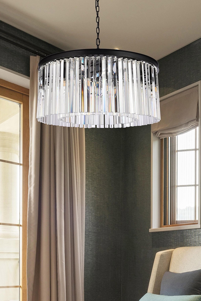 Elegant Crystal Prism 6 Light Round Chandelier - Matte Black, L 31.5" (1208D31MB-RC)