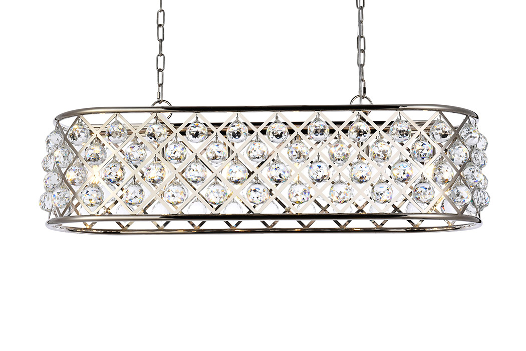 Elegant Crystal Grid Rectangular 7 Light Chandelier - Polished Nickel, L 40" (1216G40PN-RC)