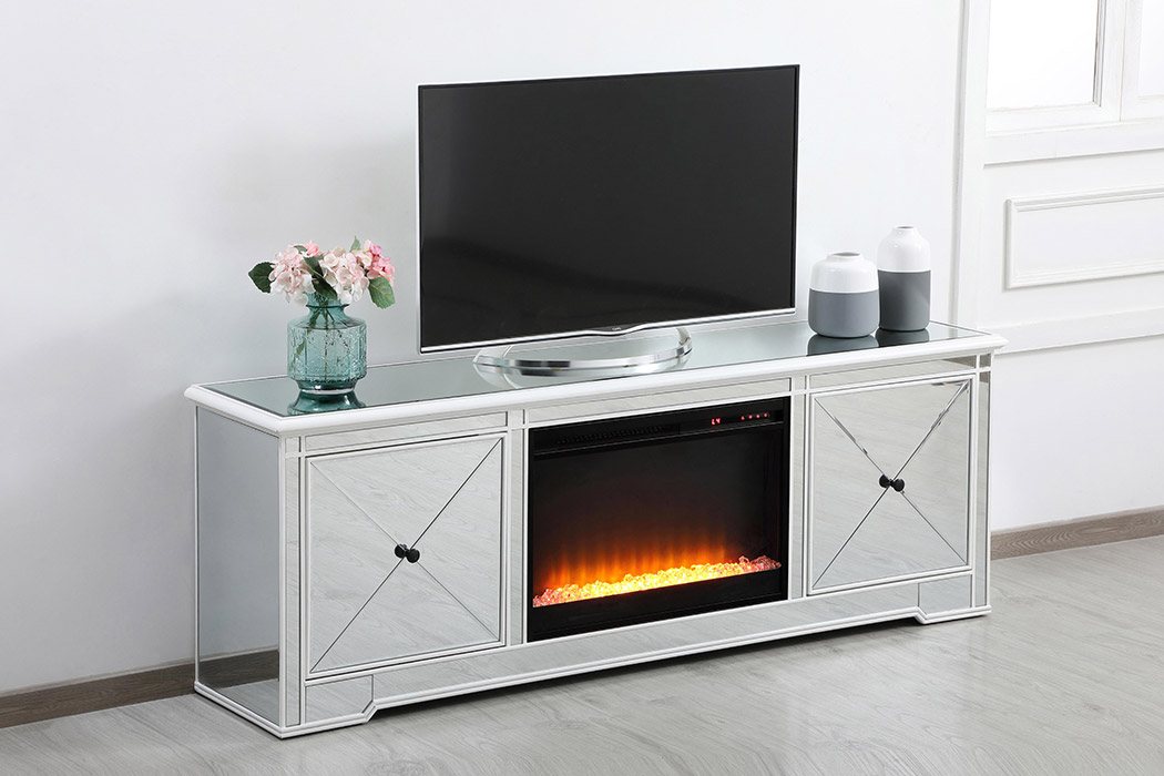 Elegant Modern 72" Mirrored TV Stand with Crystal Fireplace - White (MF60172AW-F2)